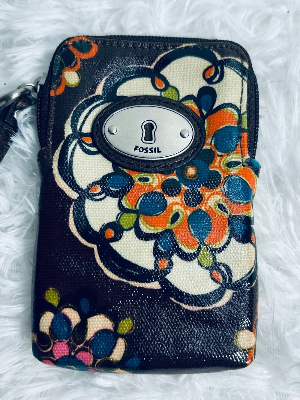 Fossil Key-Per Brown Floral Print Wristlet Wallet